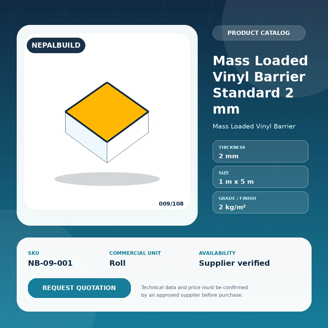 Mass Loaded Vinyl Barrier Standard 2 mm product information card for Nepal construction procurement