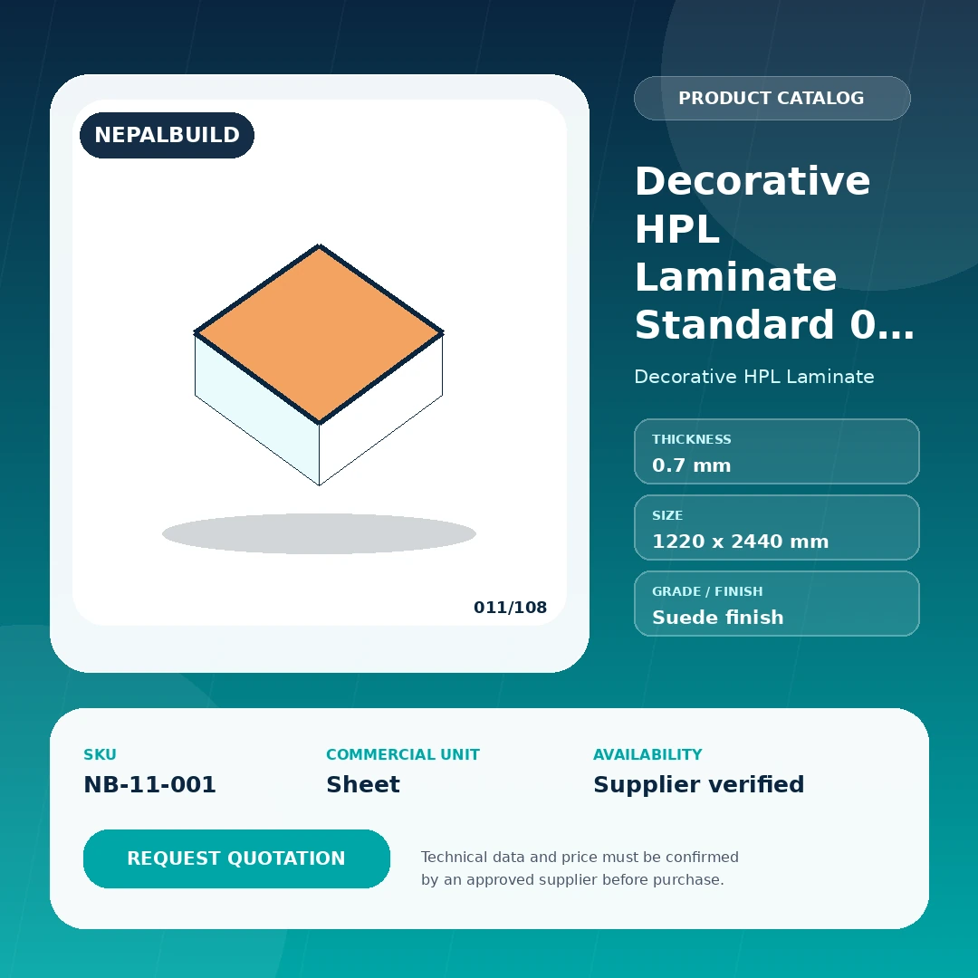 Decorative HPL Laminate Standard 0.7 mm product information card for Nepal construction procurement