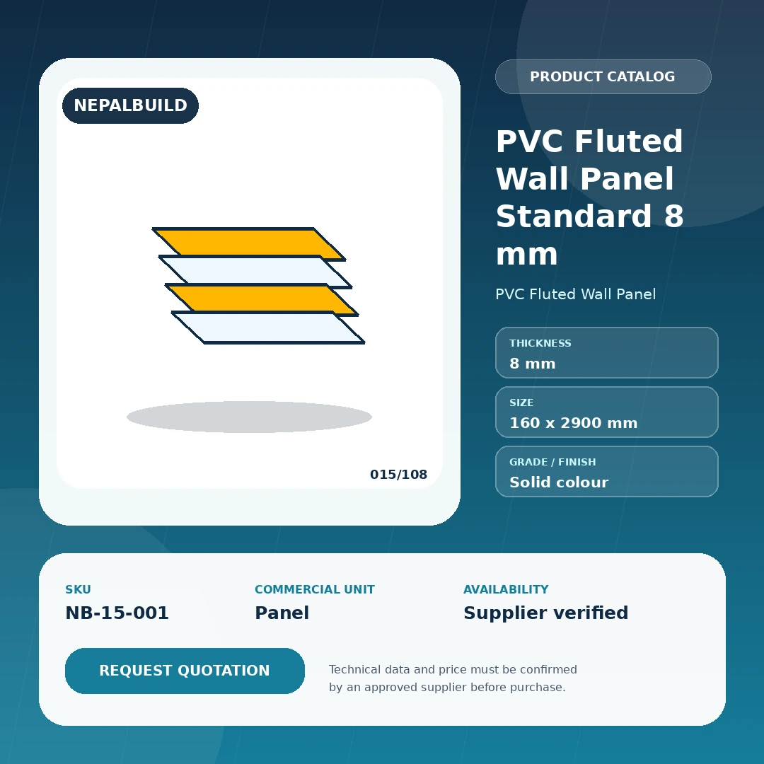 PVC Fluted Wall Panel Standard 8 mm product information card for Nepal construction procurement