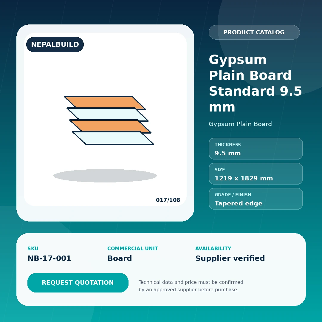 Gypsum Plain Board Standard 9.5 mm product information card for Nepal construction procurement