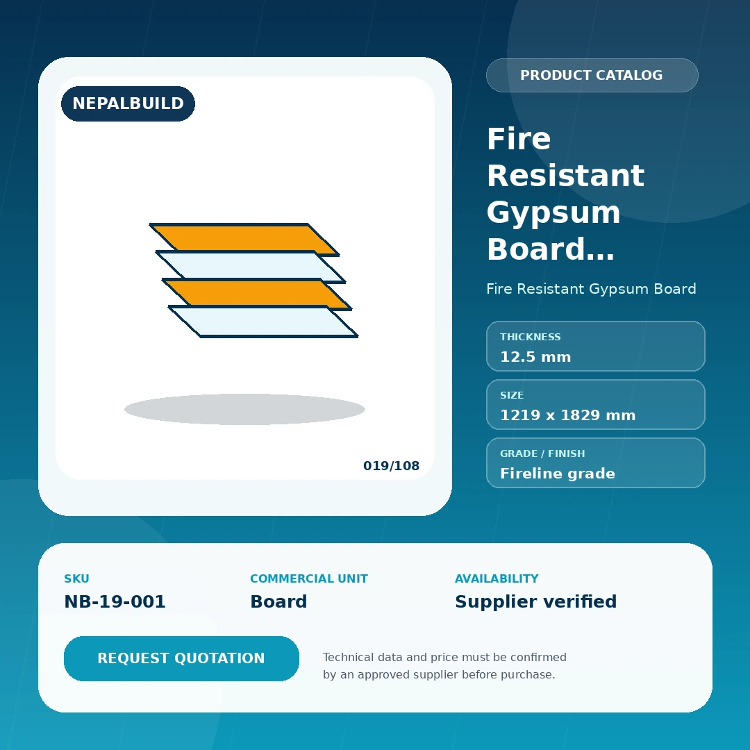 Fire Resistant Gypsum Board Standard 12.5 mm product information card for Nepal construction procurement