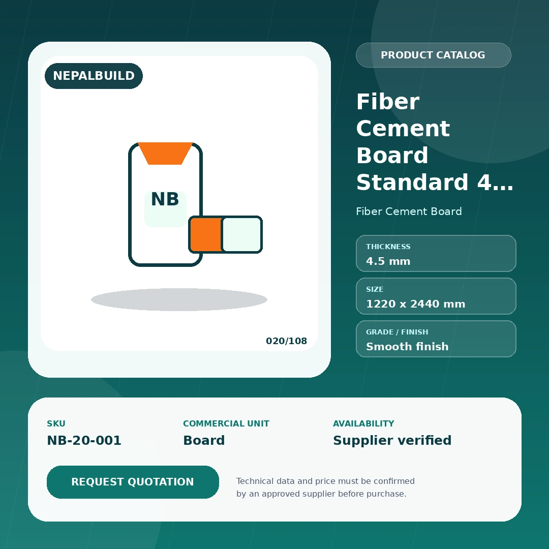 Fiber Cement Board Standard 4.5 mm product information card for Nepal construction procurement