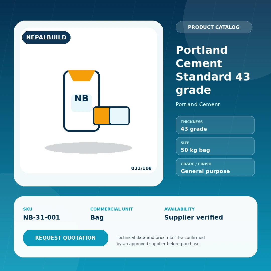 Portland Cement Standard 43 grade product information card for Nepal construction procurement