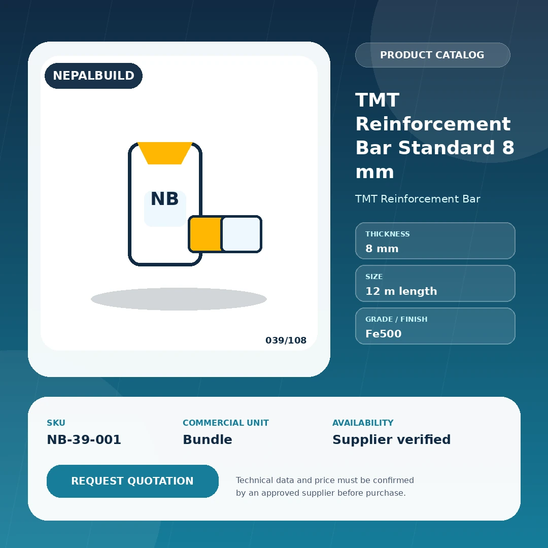 TMT Reinforcement Bar Standard 8 mm product information card for Nepal construction procurement