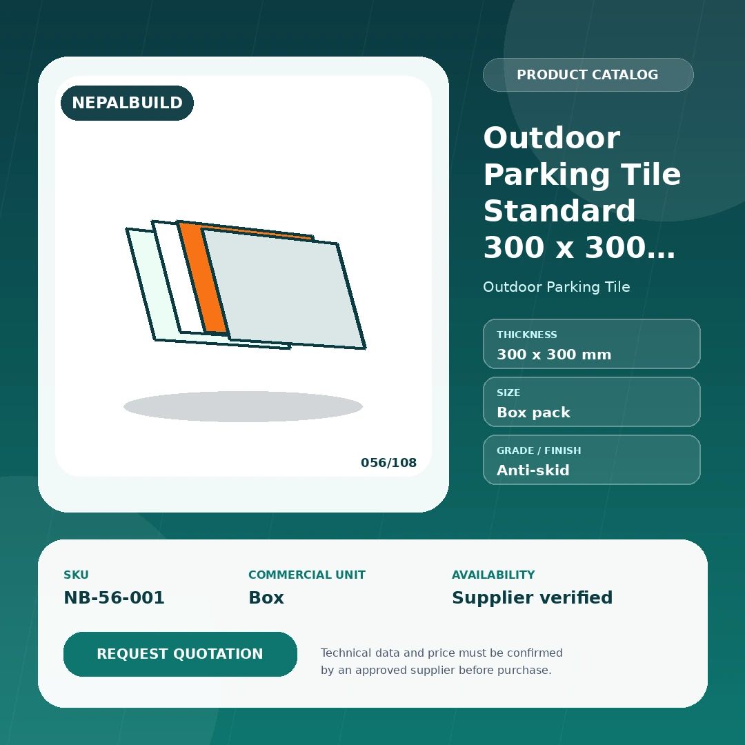 Outdoor Parking Tile Standard 300 x 300 mm product information card for Nepal construction procurement