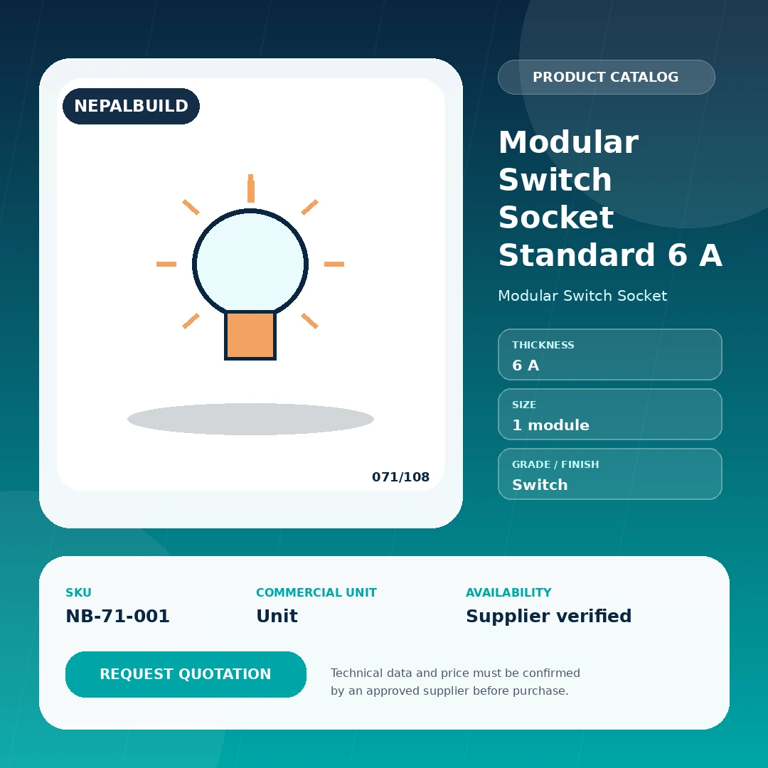 Modular Switch Socket Standard 6 A product information card for Nepal construction procurement