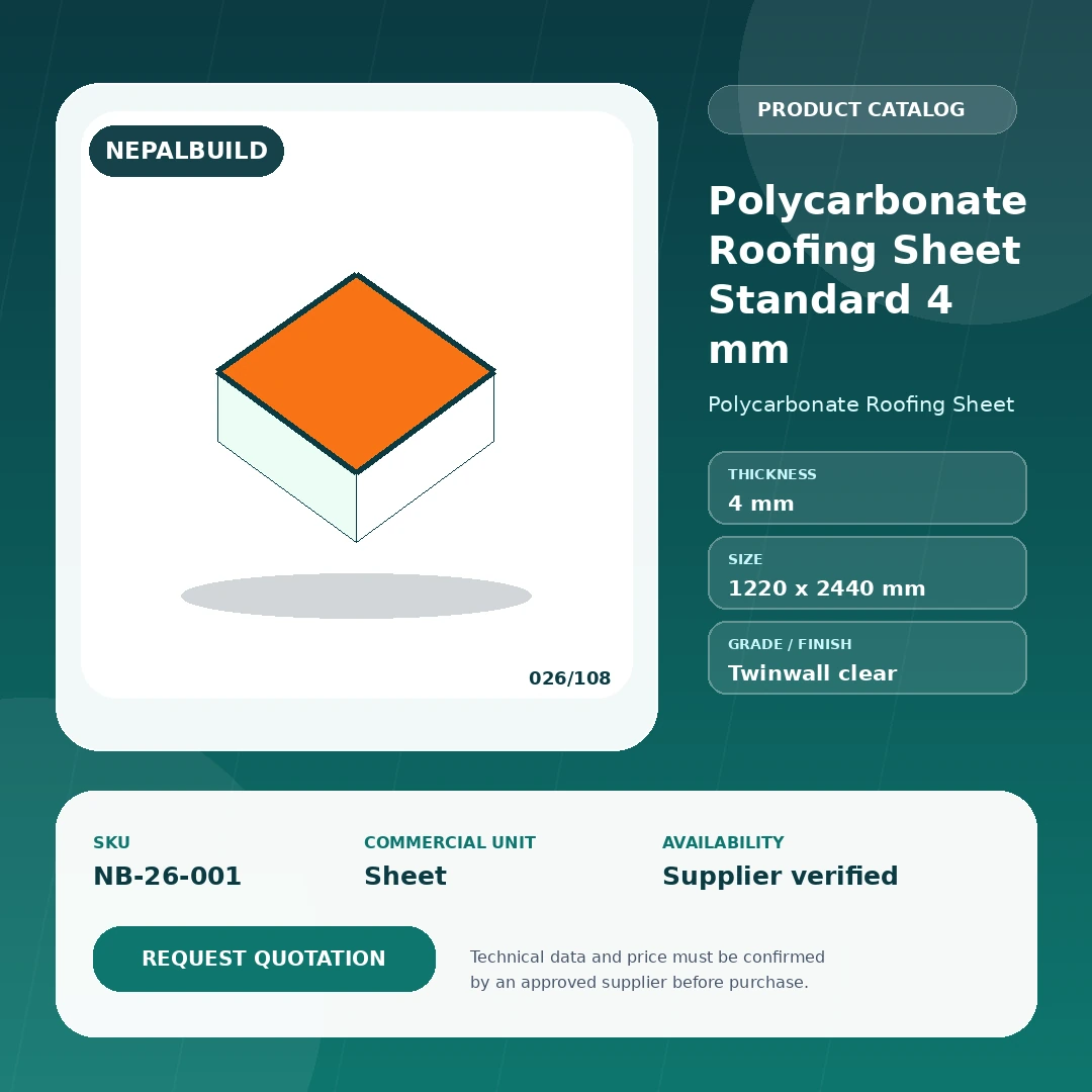 Polycarbonate Roofing Sheet Standard 4 mm by NepalBuild Catalog Reference, Polycarbonate Roofing Sheet construction product