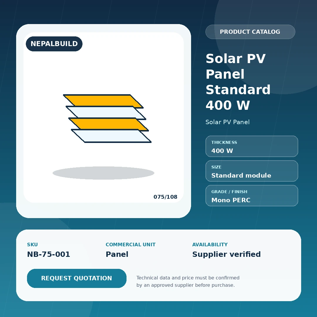 Solar PV Panel Standard 400 W - NepalBuild Catalog Reference Solar PV Panel - view 1 | NepalBuild